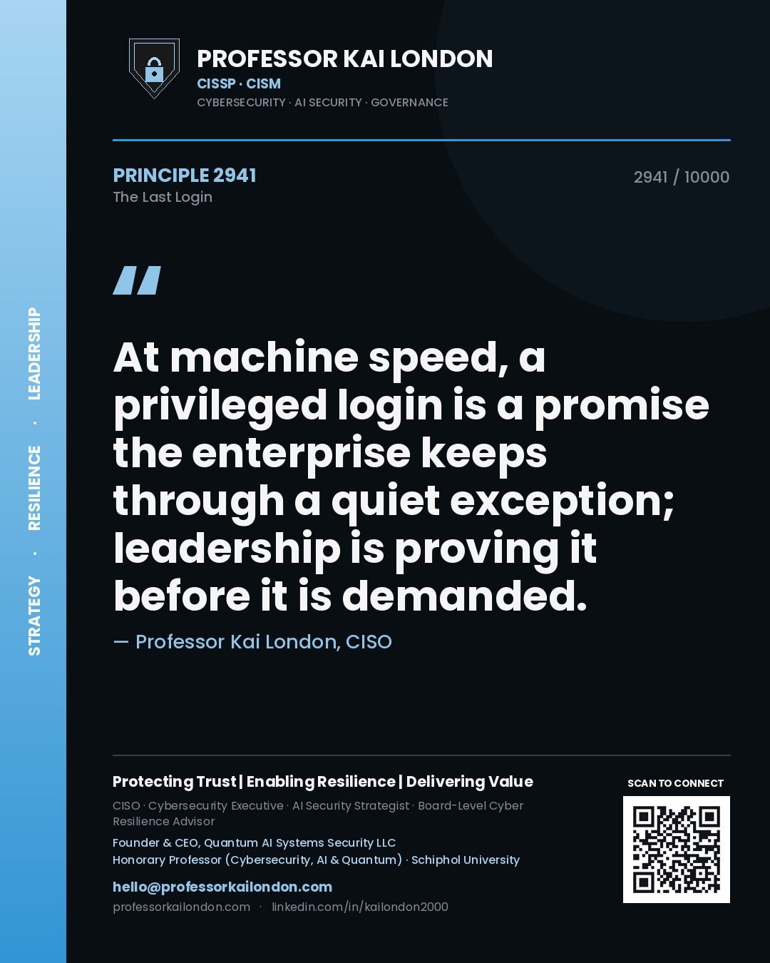 Professor Kai London principle 2941: At machine speed, a privileged login is a promise the enterprise keeps through a quiet exception; leadership is proving it before it is demanded.