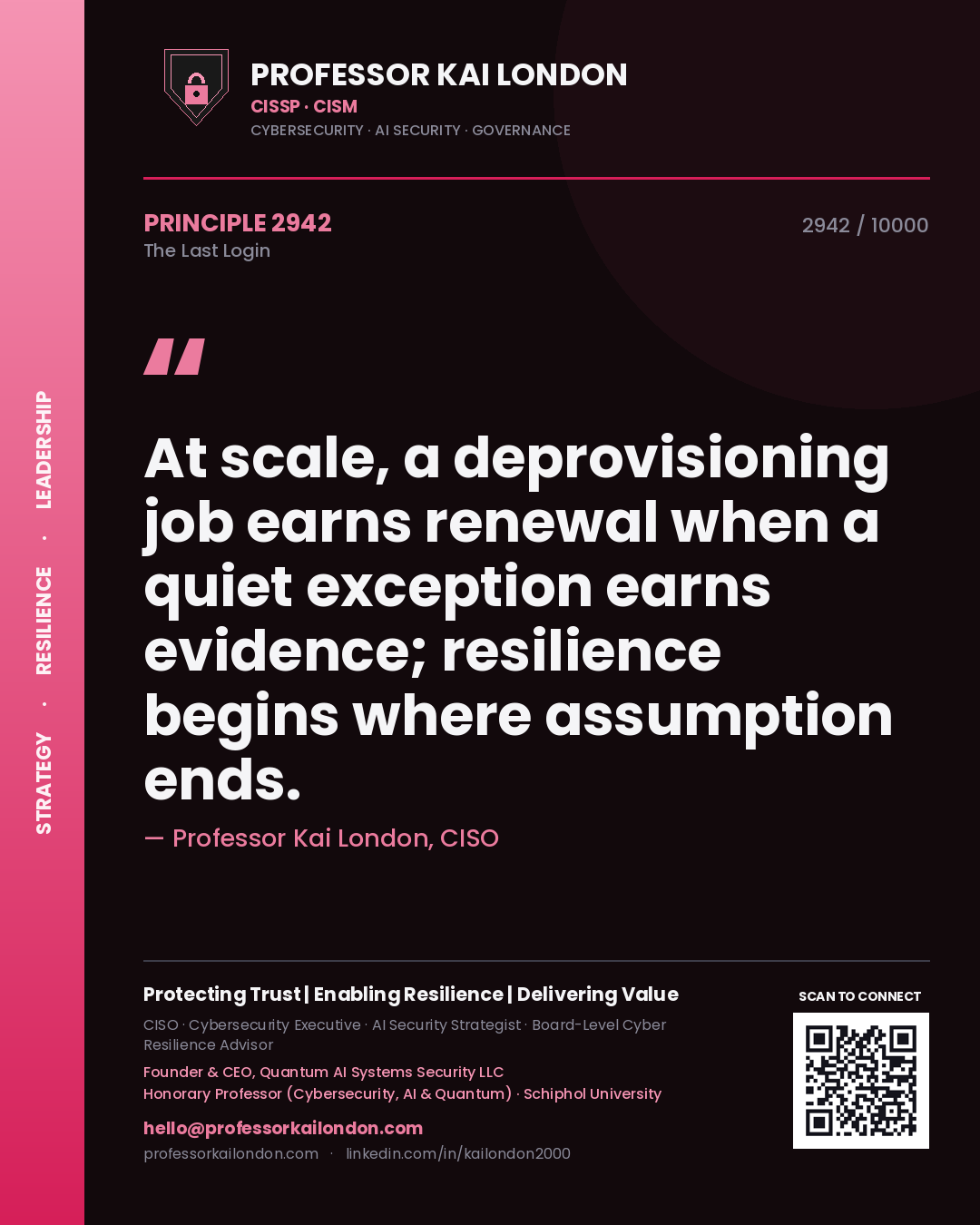 Quote card by Professor Kai London reading 'At scale, a deprovisioning job earns renewal when a quiet exception earns evidence; resilience begins where assumption ends.'. From the book The Last Login.