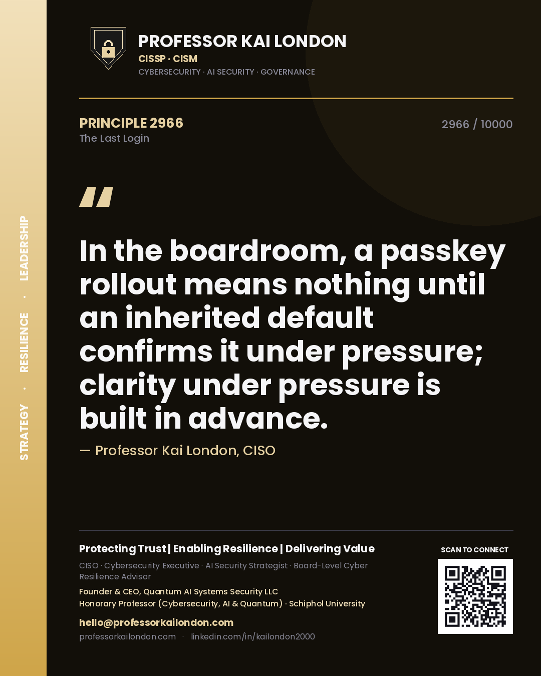Quote card by Professor Kai London reading 'In the boardroom, a passkey rollout means nothing until an inherited default confirms it under pressure; clarity under pressure is built in advance.'. From the book The Last Login.