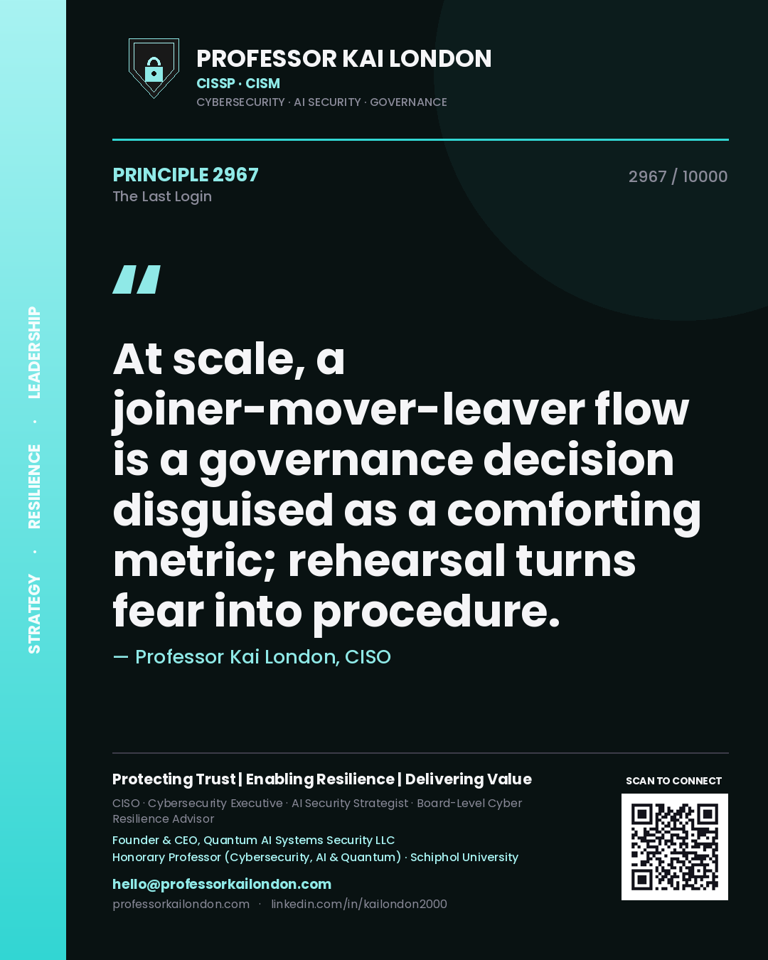 Professor Kai London principle 2967: At scale, a joiner-mover-leaver flow is a governance decision disguised as a comforting metric; rehearsal turns fear into procedure.