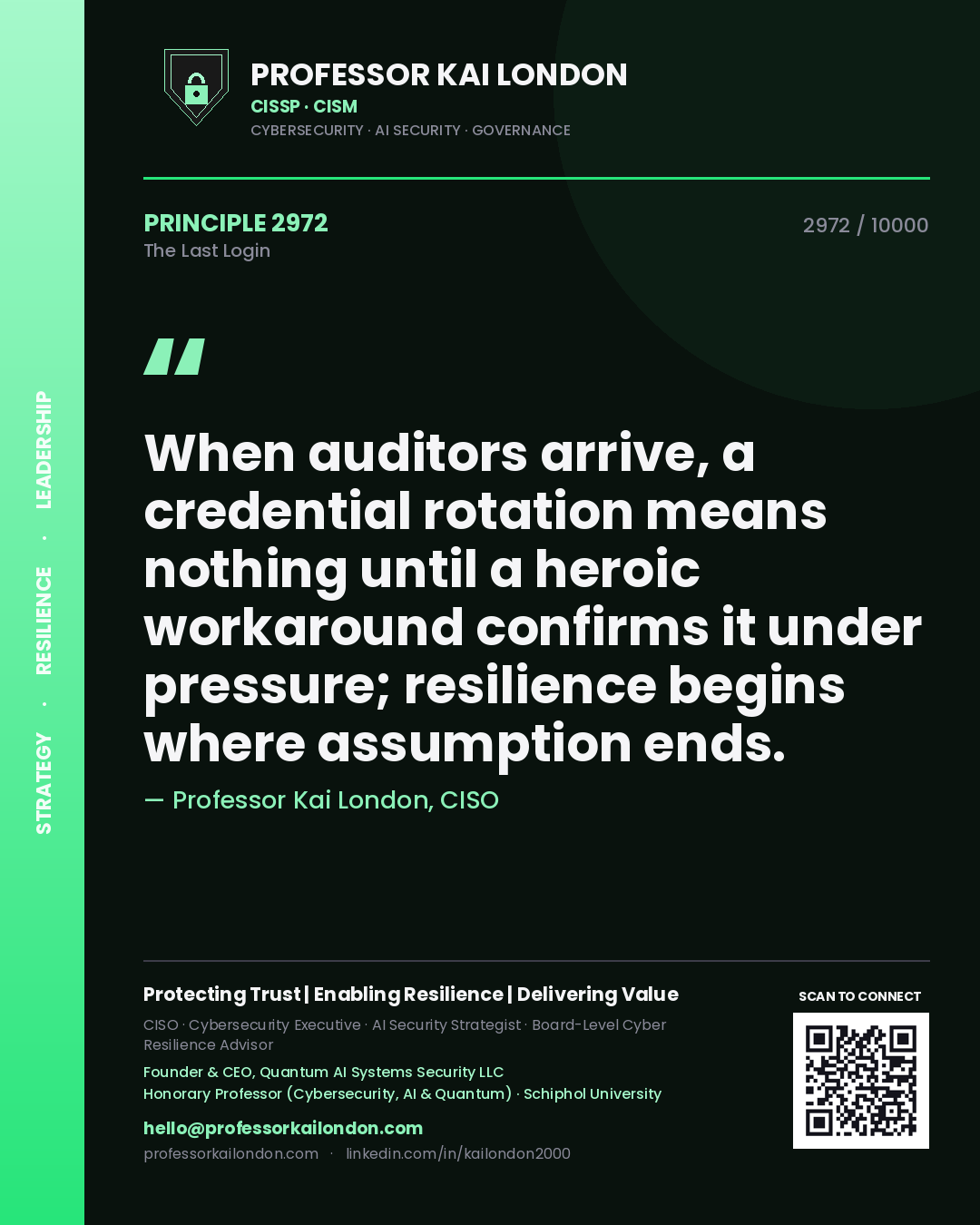 Professor Kai London principle 2972: When auditors arrive, a credential rotation means nothing until a heroic workaround confirms it under pressure; resilience begins where assumption ends.