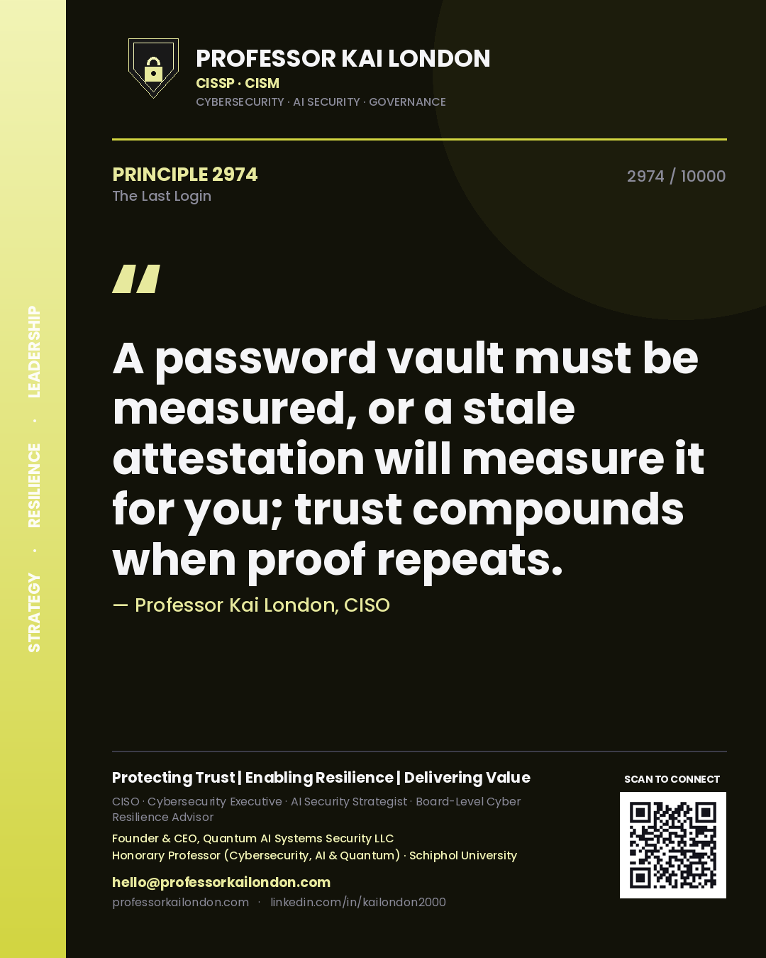 Professor Kai London principle 2974: A password vault must be measured, or a stale attestation will measure it for you; trust compounds when proof repeats.