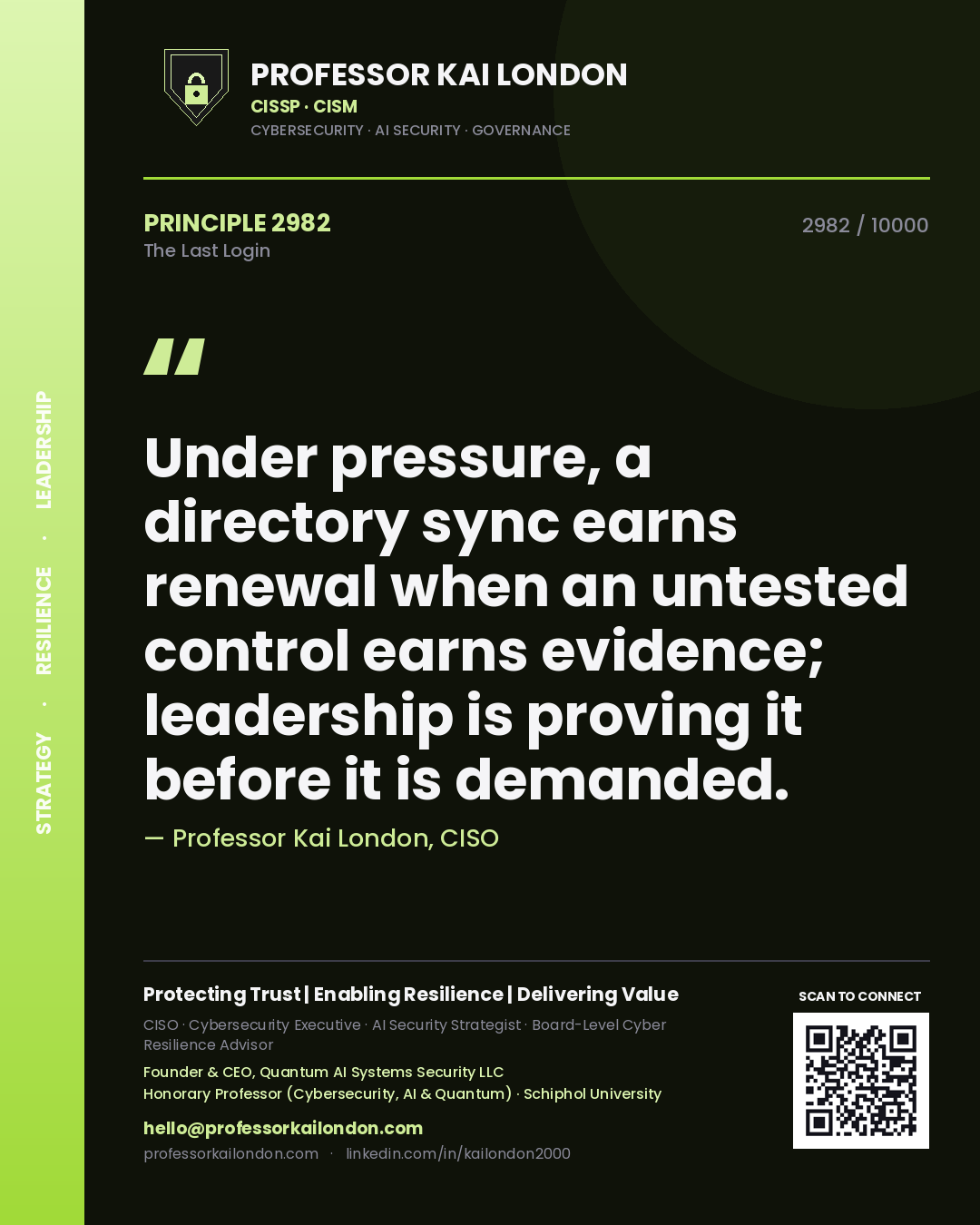 Quote card by Professor Kai London reading 'Under pressure, a directory sync earns renewal when an untested control earns evidence; leadership is proving it before it is demanded.'. From the book The Last Login.