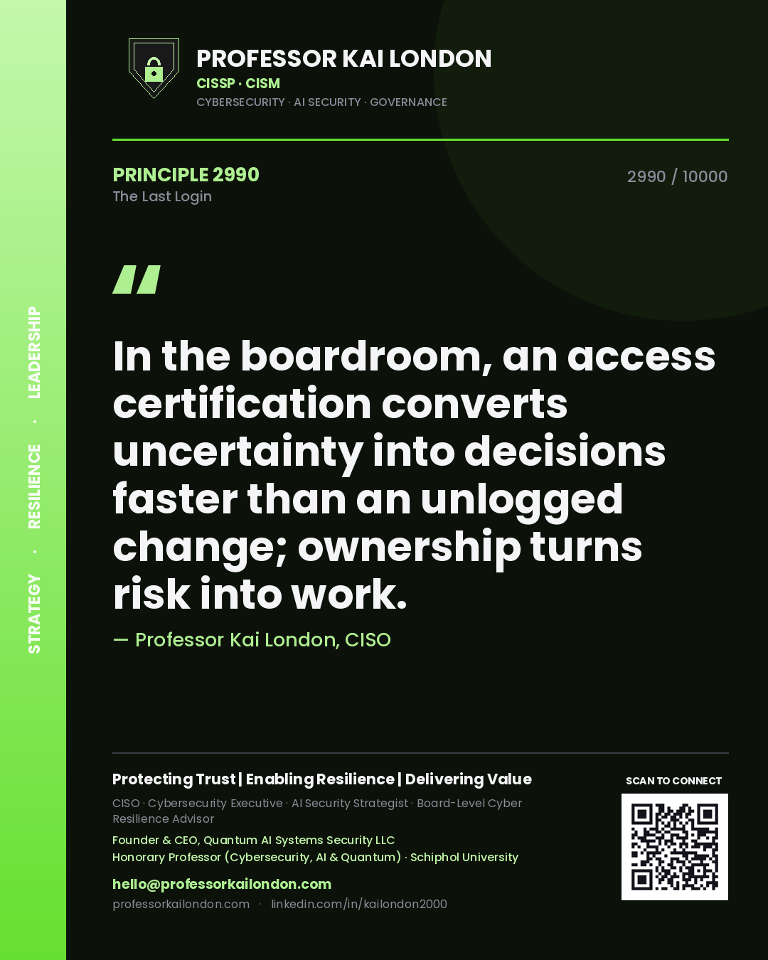Professor Kai London principle 2990: In the boardroom, an access certification converts uncertainty into decisions faster than an unlogged change; ownership turns risk into work.