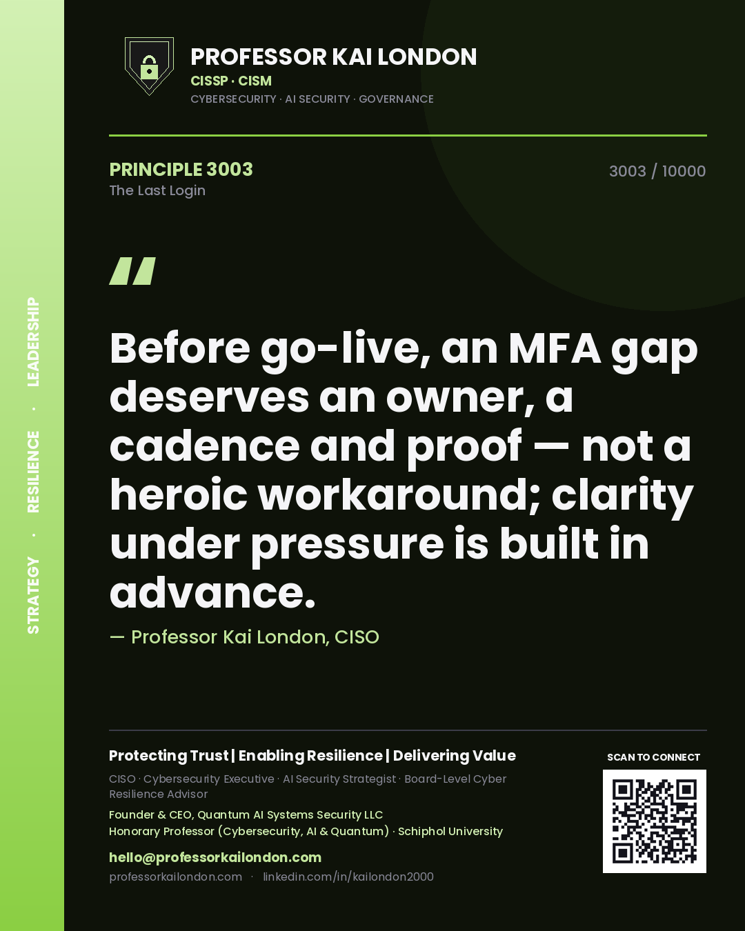 Quote card by Professor Kai London reading 'Before go-live, an MFA gap deserves an owner, a cadence and proof — not a heroic workaround; clarity under pressure is built in advance.'. From the book The Last Login.