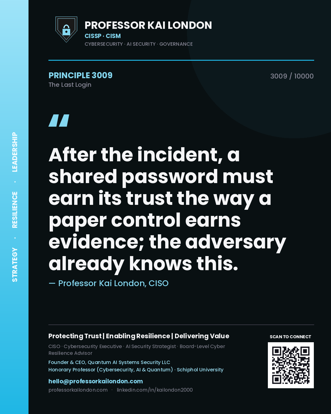 Quote card by Professor Kai London reading 'After the incident, a shared password must earn its trust the way a paper control earns evidence; the adversary already knows this.'. From the book The Last Login.