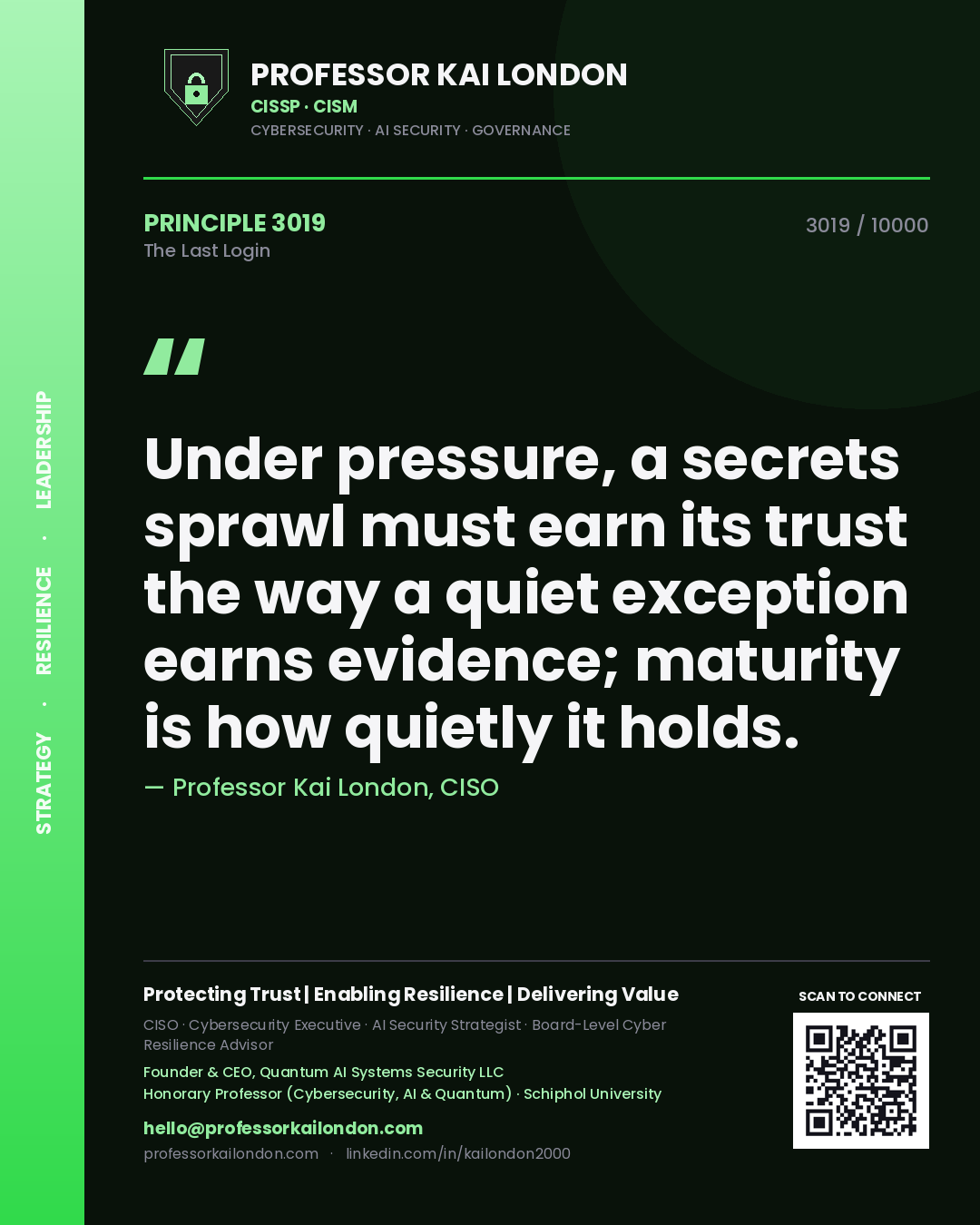 Quote card by Professor Kai London reading 'Under pressure, a secrets sprawl must earn its trust the way a quiet exception earns evidence; maturity is how quietly it holds.'. From the book The Last Login.