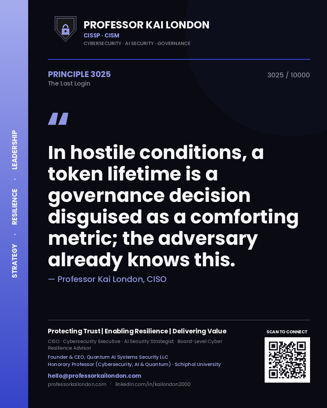 Professor Kai London principle 3025: In hostile conditions, a token lifetime is a governance decision disguised as a comforting metric; the adversary already knows this.