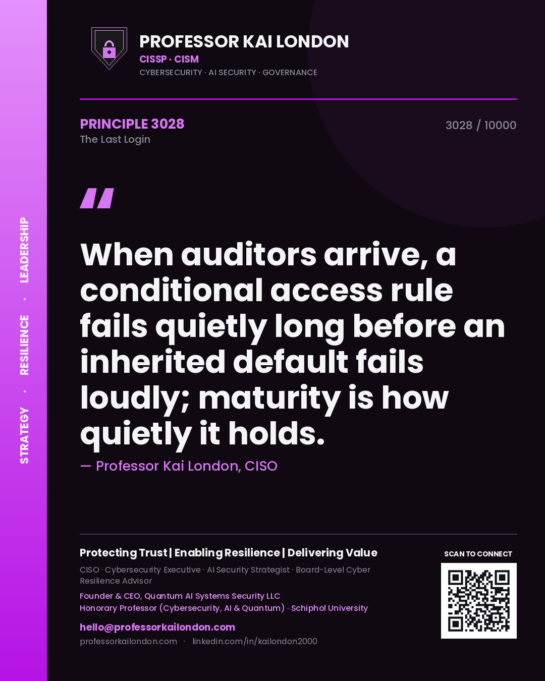 Professor Kai London principle 3028: When auditors arrive, a conditional access rule fails quietly long before an inherited default fails loudly; maturity is how quietly it holds.