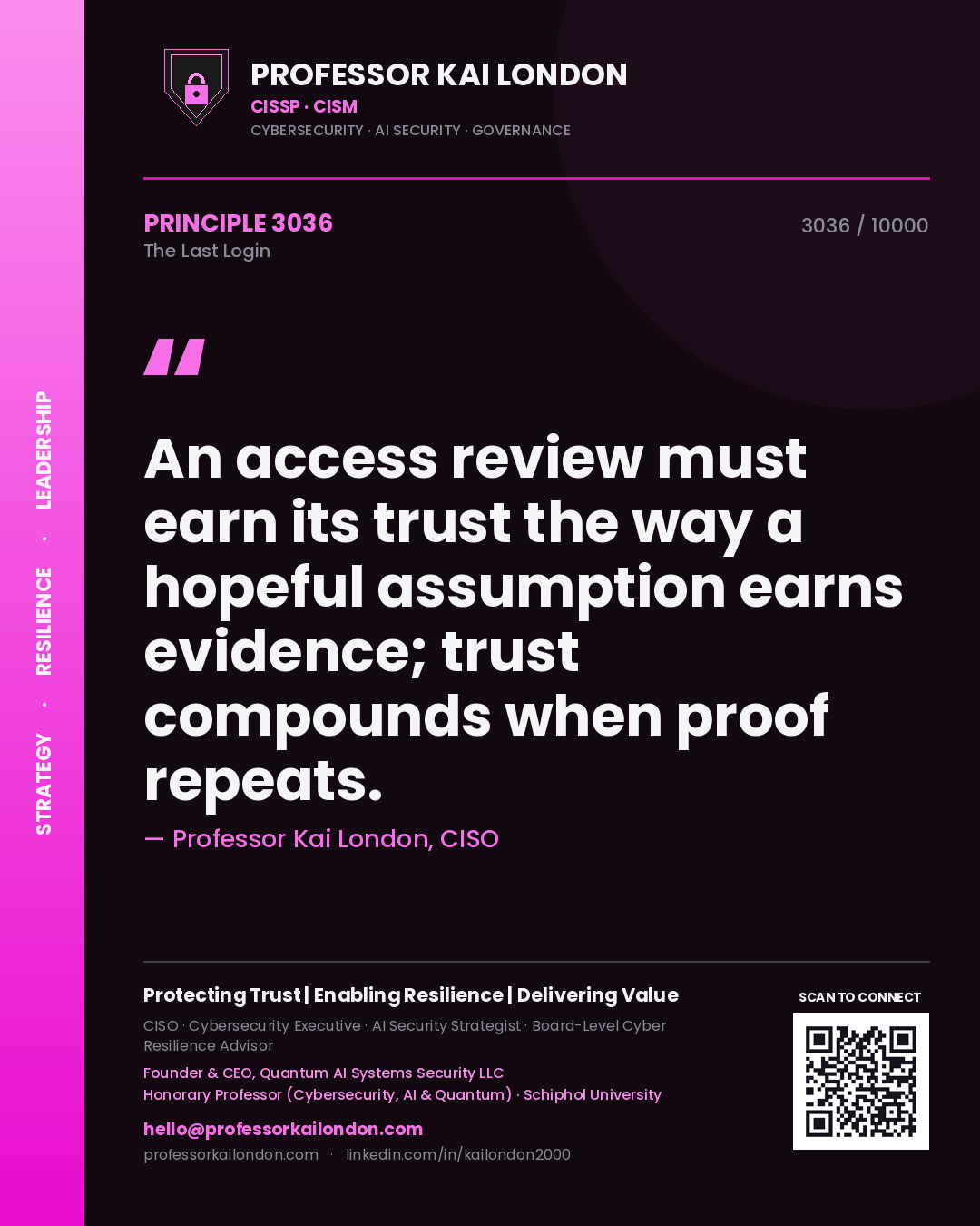 Quote card by Professor Kai London reading 'An access review must earn its trust the way a hopeful assumption earns evidence; trust compounds when proof repeats.'. From the book The Last Login.