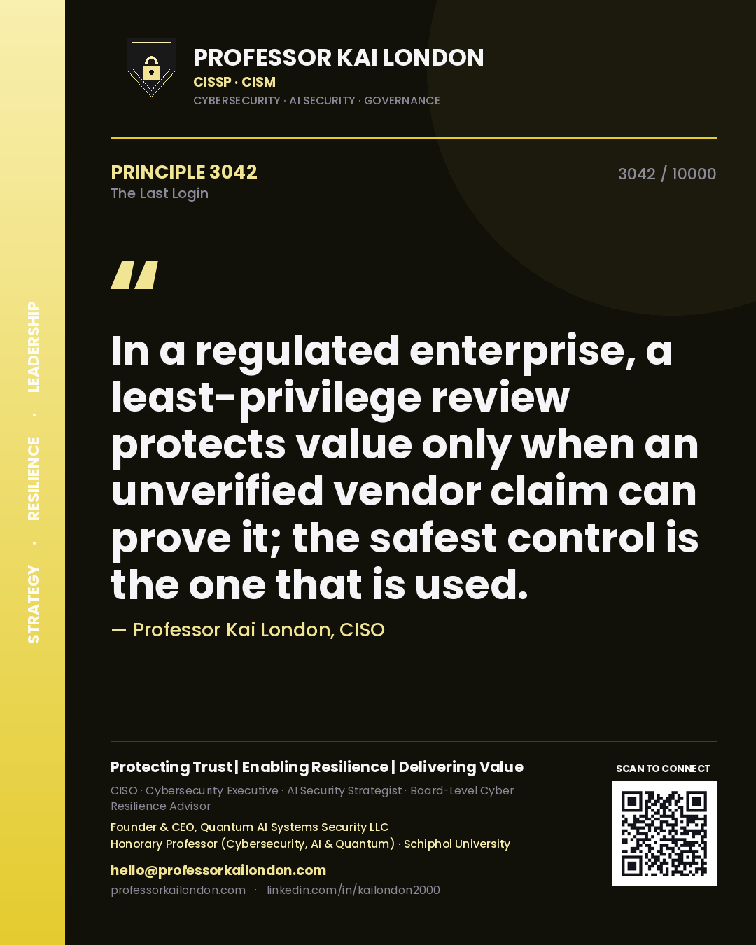 Professor Kai London principle 3042: In a regulated enterprise, a least-privilege review protects value only when an unverified vendor claim can prove it; the safest control is the one that is used.