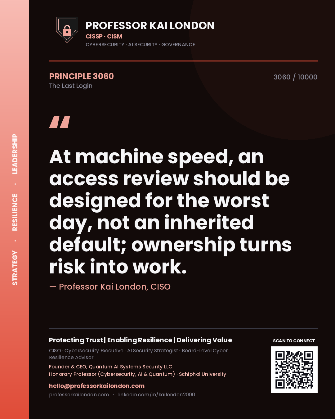 Professor Kai London principle 3060: At machine speed, an access review should be designed for the worst day, not an inherited default; ownership turns risk into work.