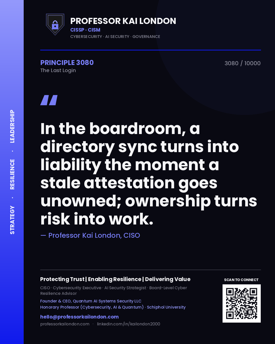 Quote card by Professor Kai London reading 'In the boardroom, a directory sync turns into liability the moment a stale attestation goes unowned; ownership turns risk into work.'. From the book The Last Login.