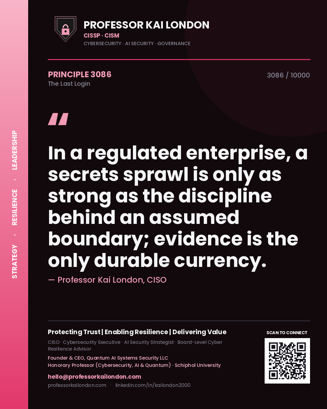 Quote card by Professor Kai London reading 'In a regulated enterprise, a secrets sprawl is only as strong as the discipline behind an assumed boundary; evidence is the only durable currency.'. From the book The Last Login.