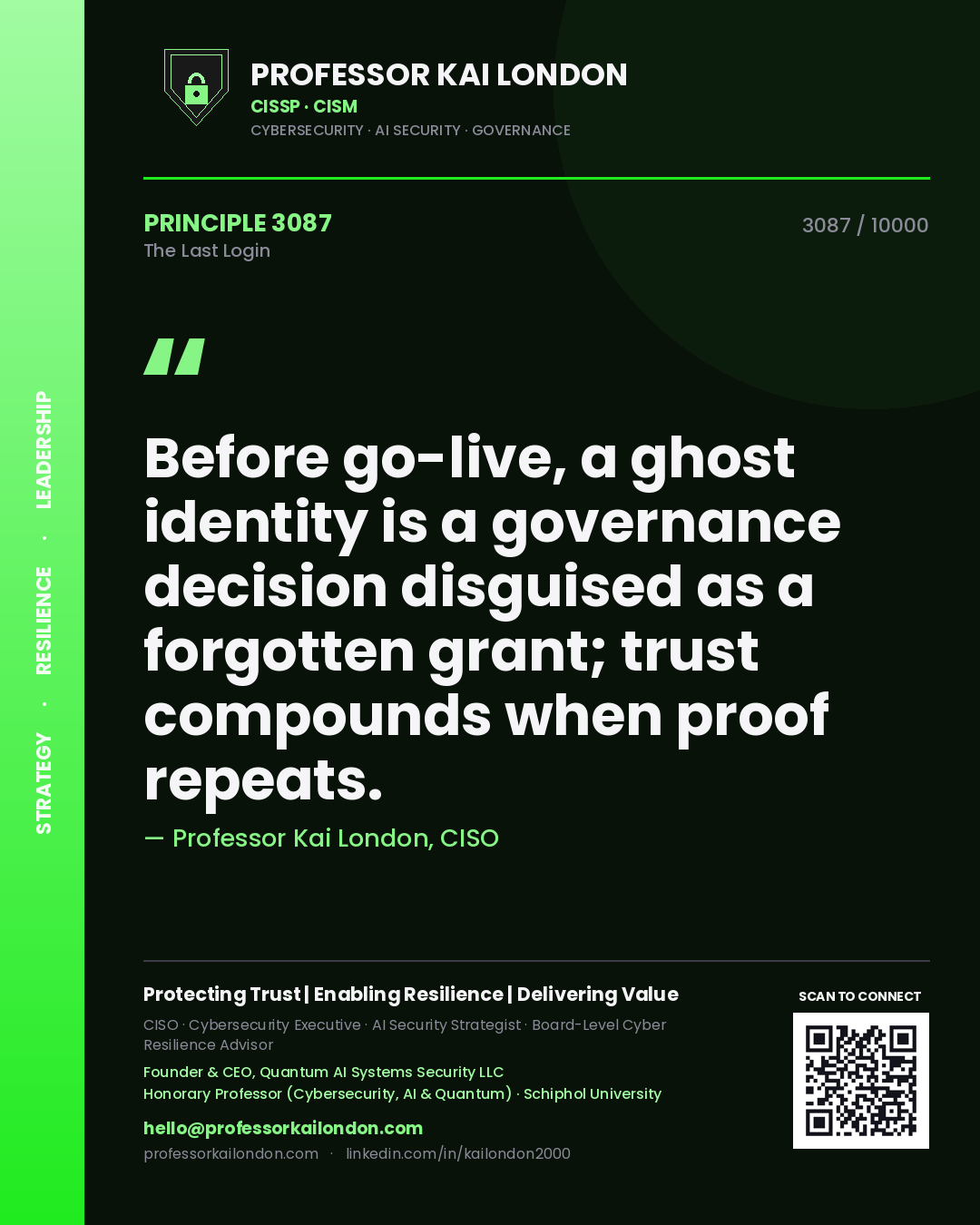 Professor Kai London principle 3087: Before go-live, a ghost identity is a governance decision disguised as a forgotten grant; trust compounds when proof repeats.