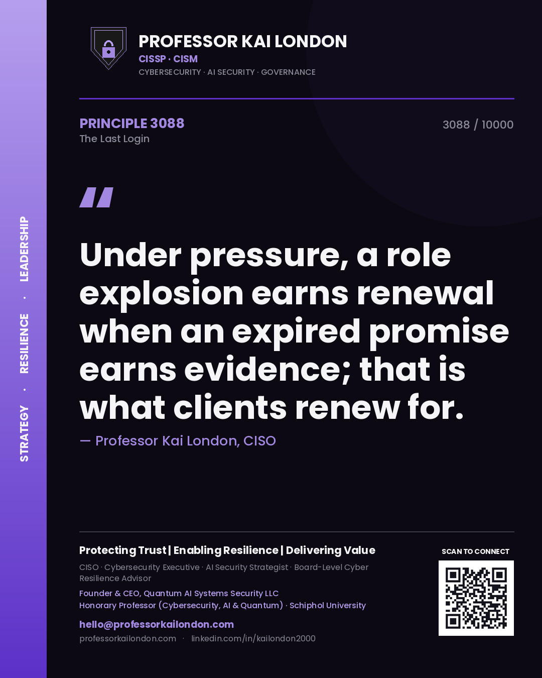 Professor Kai London principle 3088: Under pressure, a role explosion earns renewal when an expired promise earns evidence; that is what clients renew for.