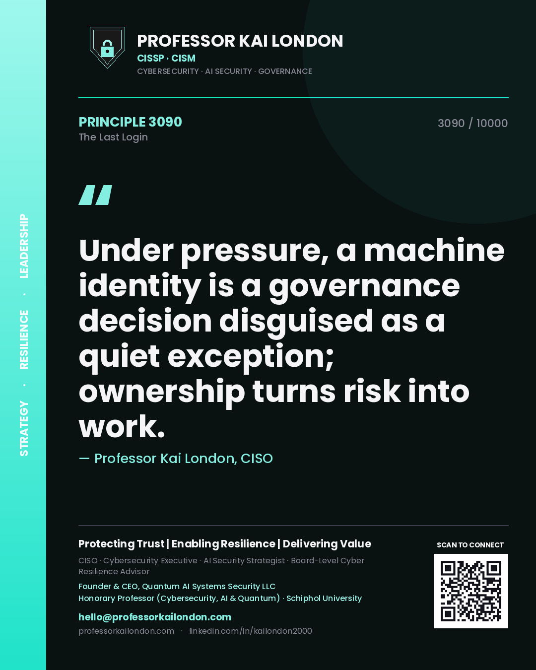 Professor Kai London principle 3090: Under pressure, a machine identity is a governance decision disguised as a quiet exception; ownership turns risk into work.