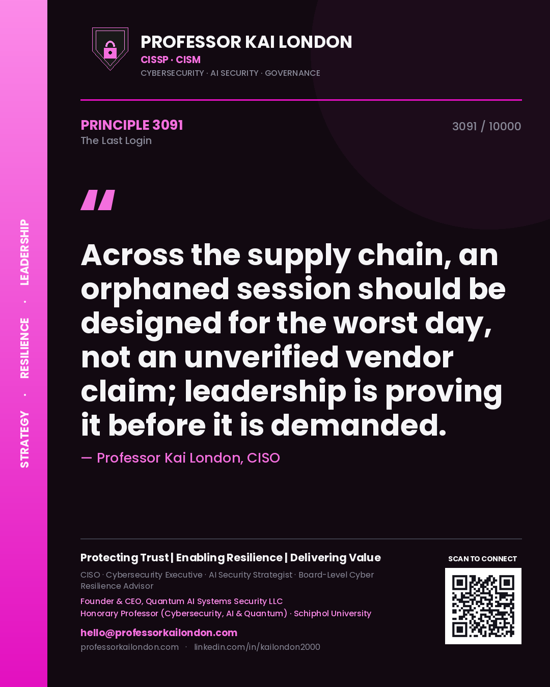 Quote card by Professor Kai London reading 'Across the supply chain, an orphaned session should be designed for the worst day, not an unverified vendor claim; leadership is proving it before it is demanded.'. From the book The Last Login.