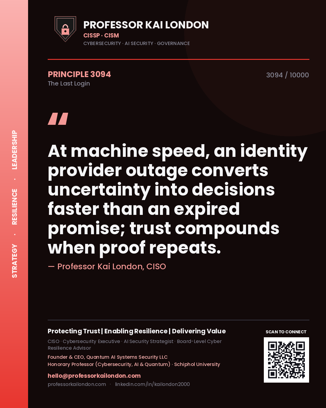 Professor Kai London principle 3094: At machine speed, an identity provider outage converts uncertainty into decisions faster than an expired promise; trust compounds when proof repeats.