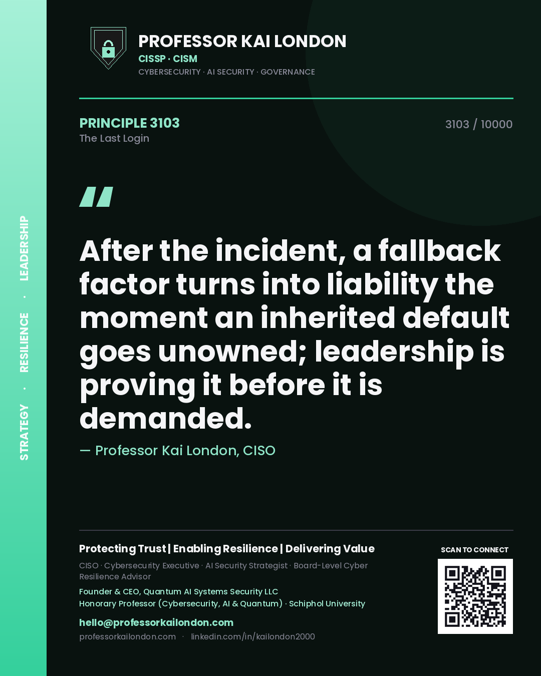 Quote card by Professor Kai London reading 'After the incident, a fallback factor turns into liability the moment an inherited default goes unowned; leadership is proving it before it is demanded.'. From the book The Last Login.