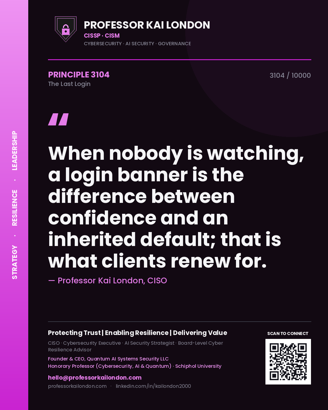 Professor Kai London principle 3104: When nobody is watching, a login banner is the difference between confidence and an inherited default; that is what clients renew for.