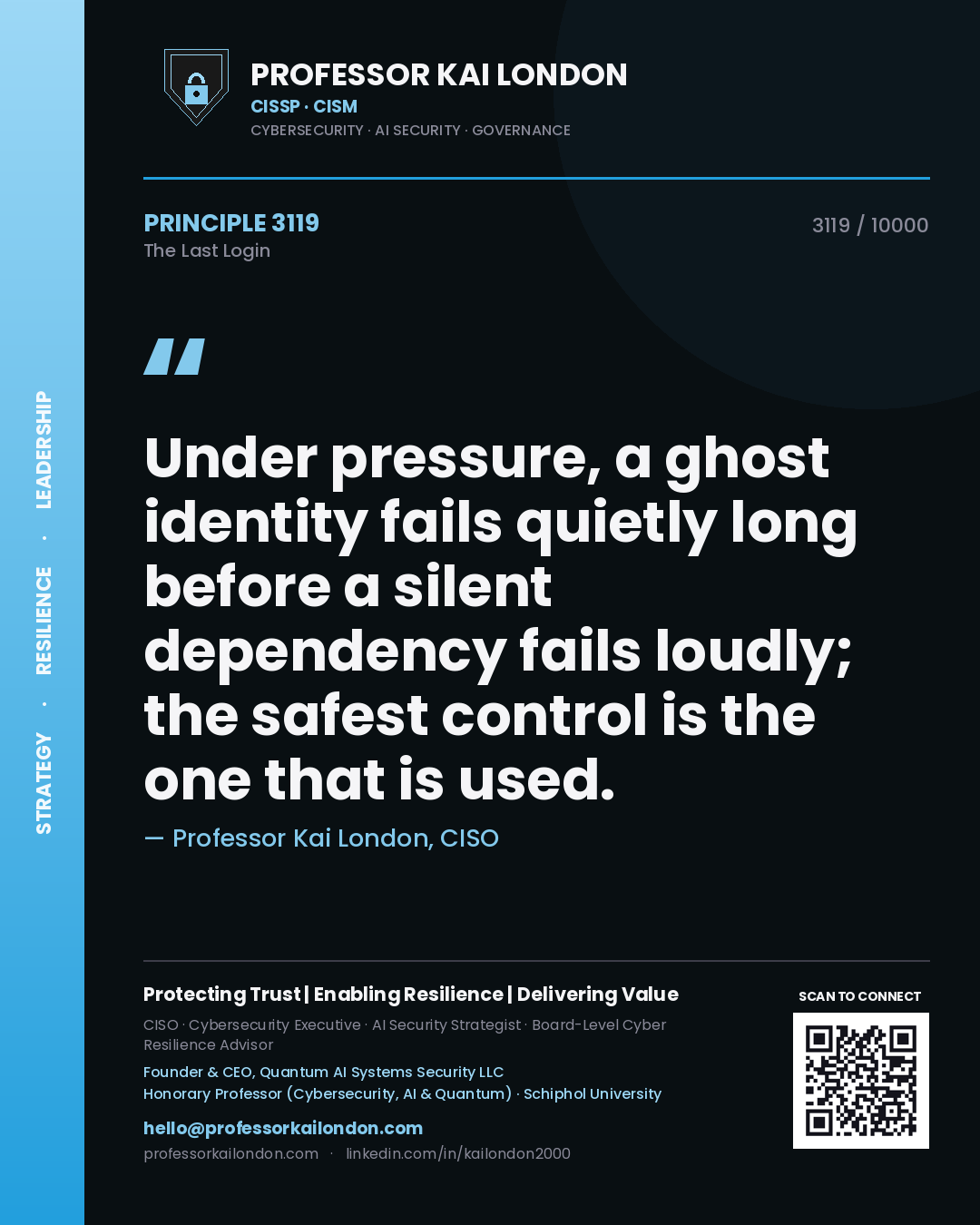 Quote card by Professor Kai London reading 'Under pressure, a ghost identity fails quietly long before a silent dependency fails loudly; the safest control is the one that is used.'. From the book The Last Login.