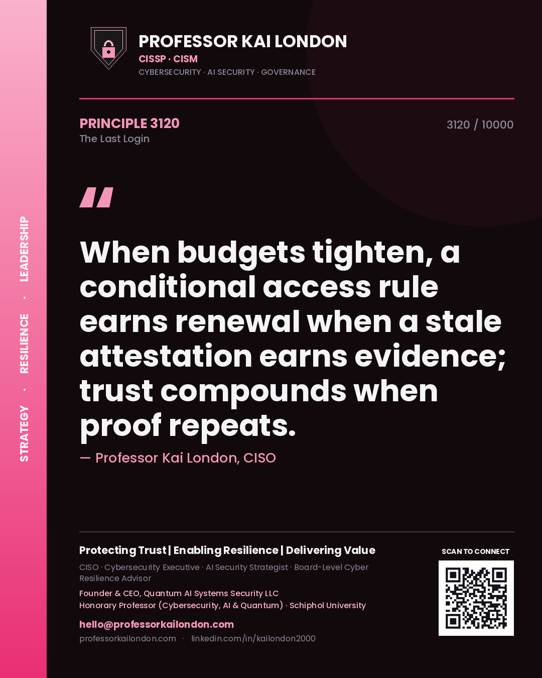 Professor Kai London principle 3120: When budgets tighten, a conditional access rule earns renewal when a stale attestation earns evidence; trust compounds when proof repeats.