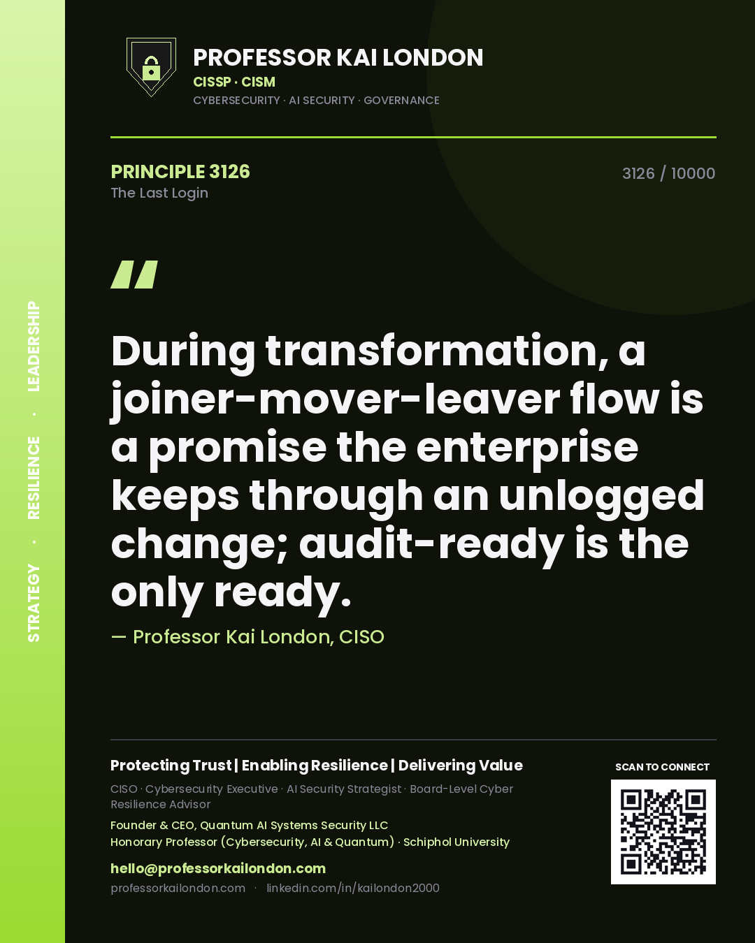 Professor Kai London principle 3126: During transformation, a joiner-mover-leaver flow is a promise the enterprise keeps through an unlogged change; audit-ready is the only ready.
