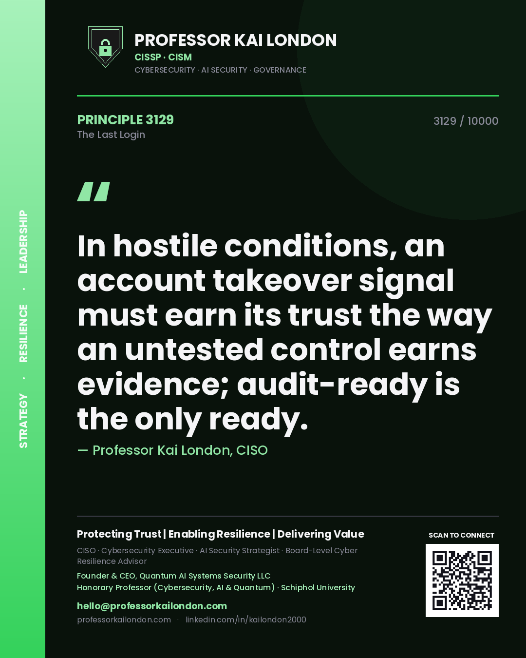 Quote card by Professor Kai London reading 'In hostile conditions, an account takeover signal must earn its trust the way an untested control earns evidence; audit-ready is the only ready.'. From the book The Last Login.