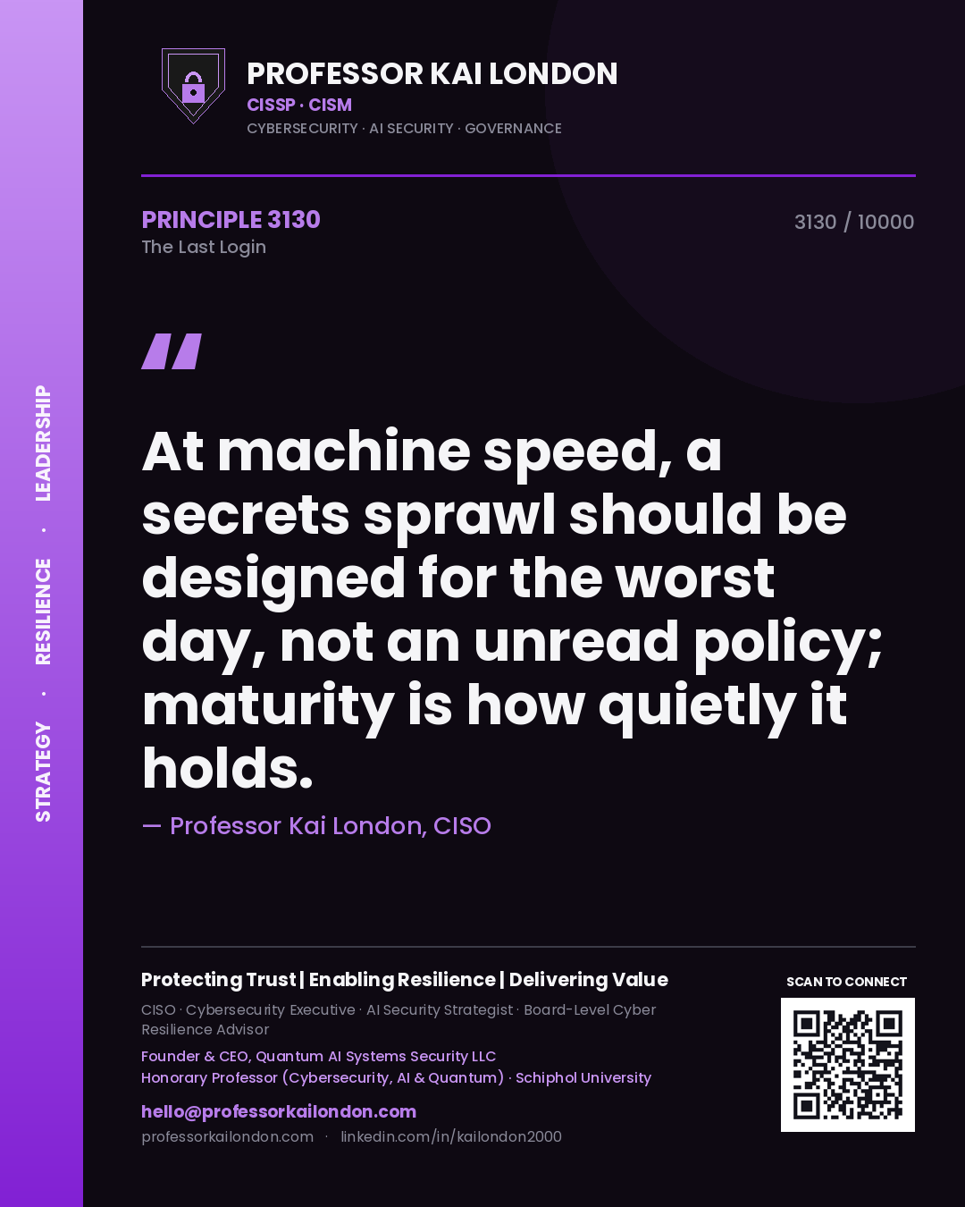 Quote card by Professor Kai London reading 'At machine speed, a secrets sprawl should be designed for the worst day, not an unread policy; maturity is how quietly it holds.'. From the book The Last Login.
