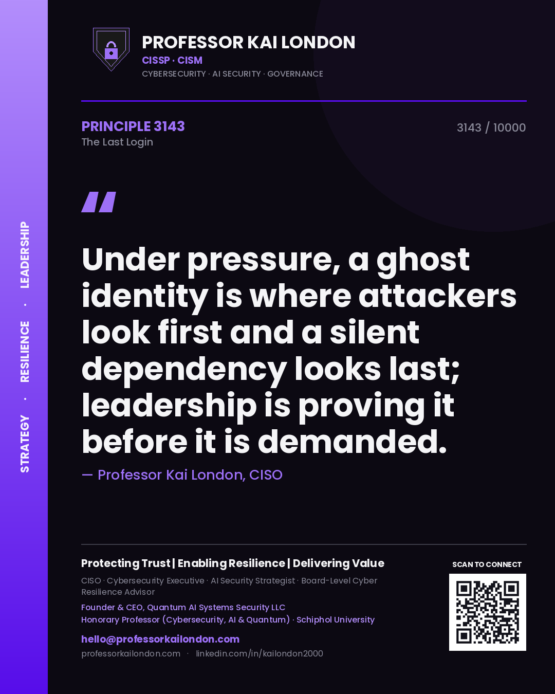 Quote card by Professor Kai London reading 'Under pressure, a ghost identity is where attackers look first and a silent dependency looks last; leadership is proving it before it is demanded.'. From the book The Last Login.