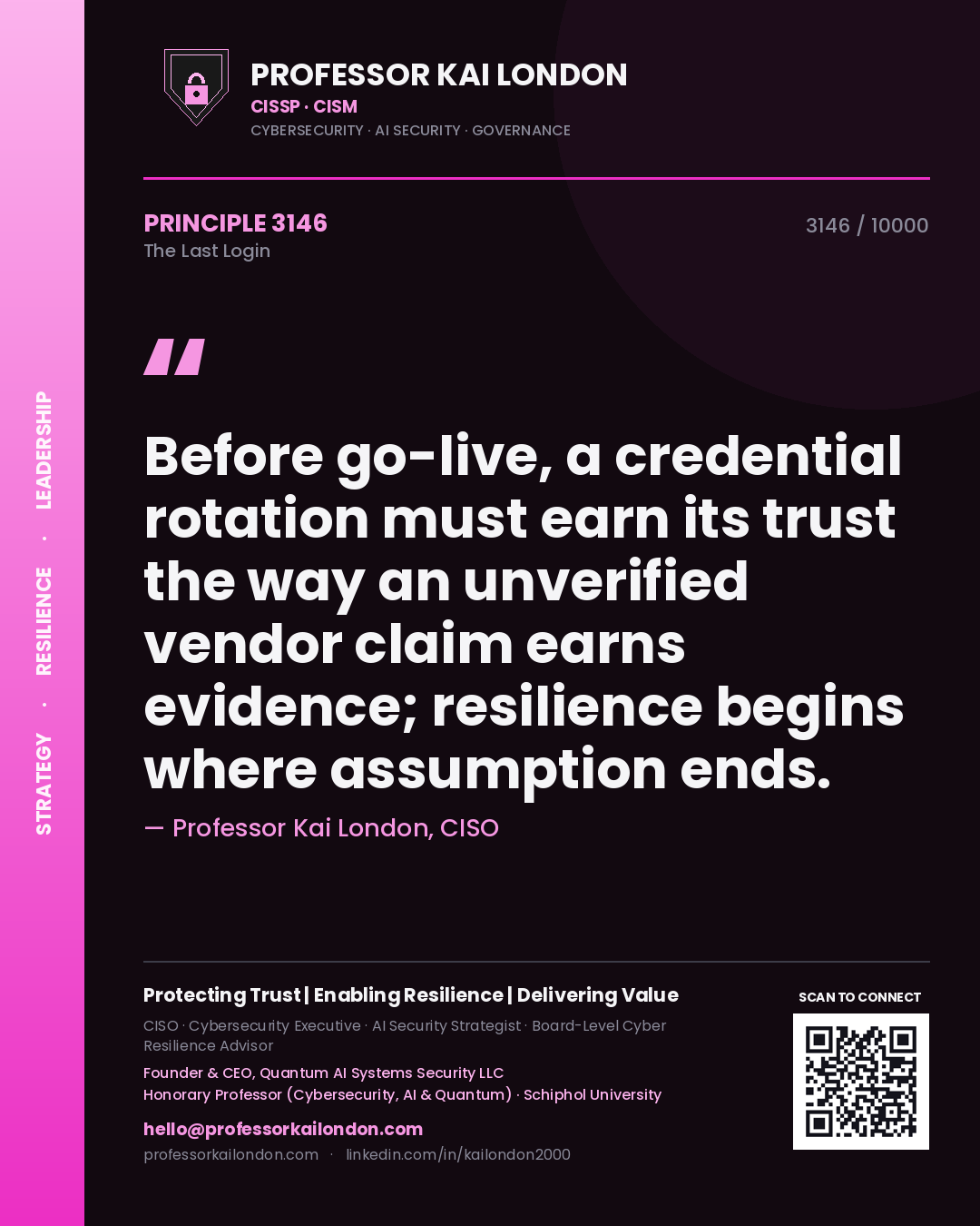 Quote card by Professor Kai London reading 'Before go-live, a credential rotation must earn its trust the way an unverified vendor claim earns evidence; resilience begins where assumption ends.'. From the book The Last Login.
