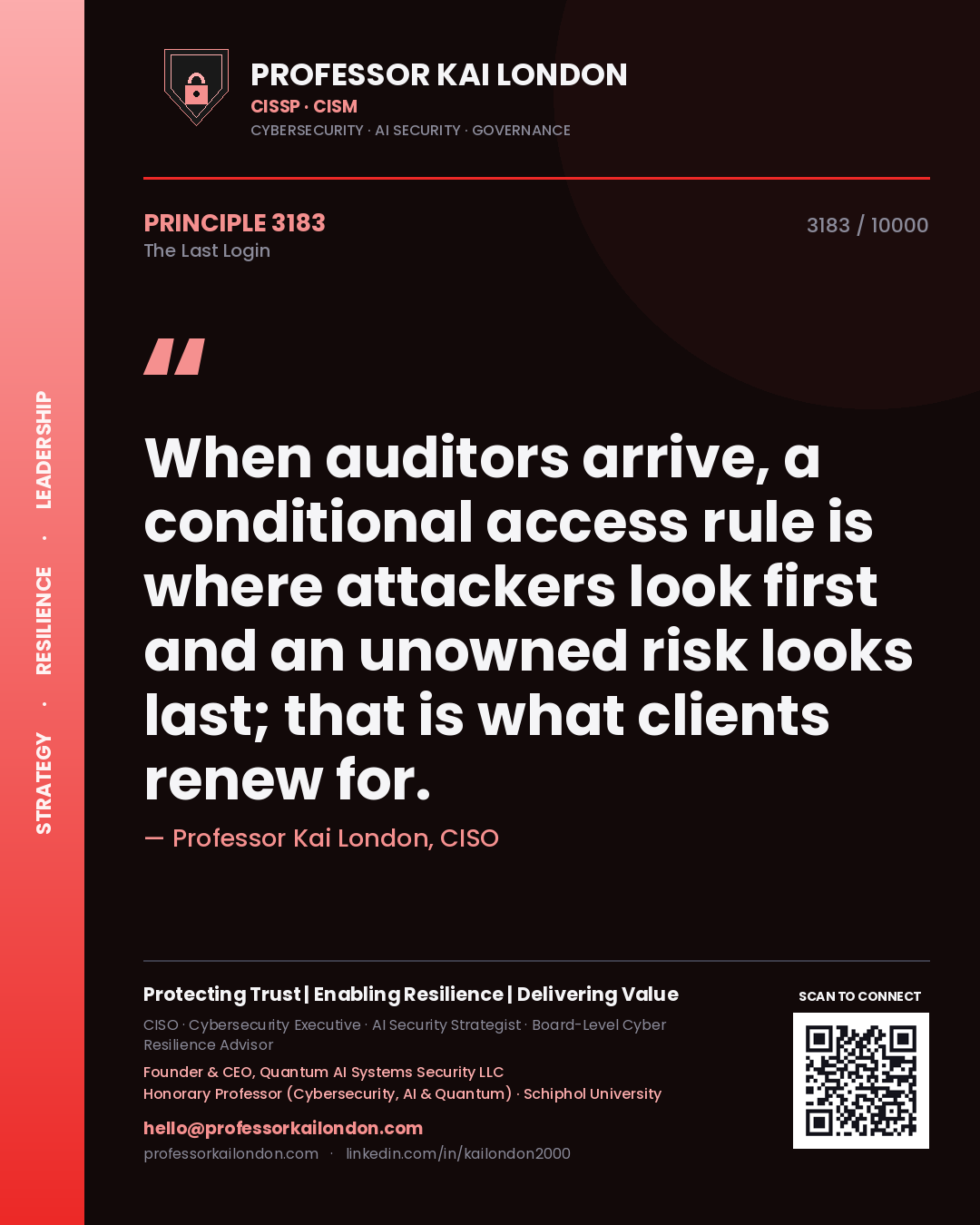 Professor Kai London principle 3183: When auditors arrive, a conditional access rule is where attackers look first and an unowned risk looks last; that is what clients renew for.