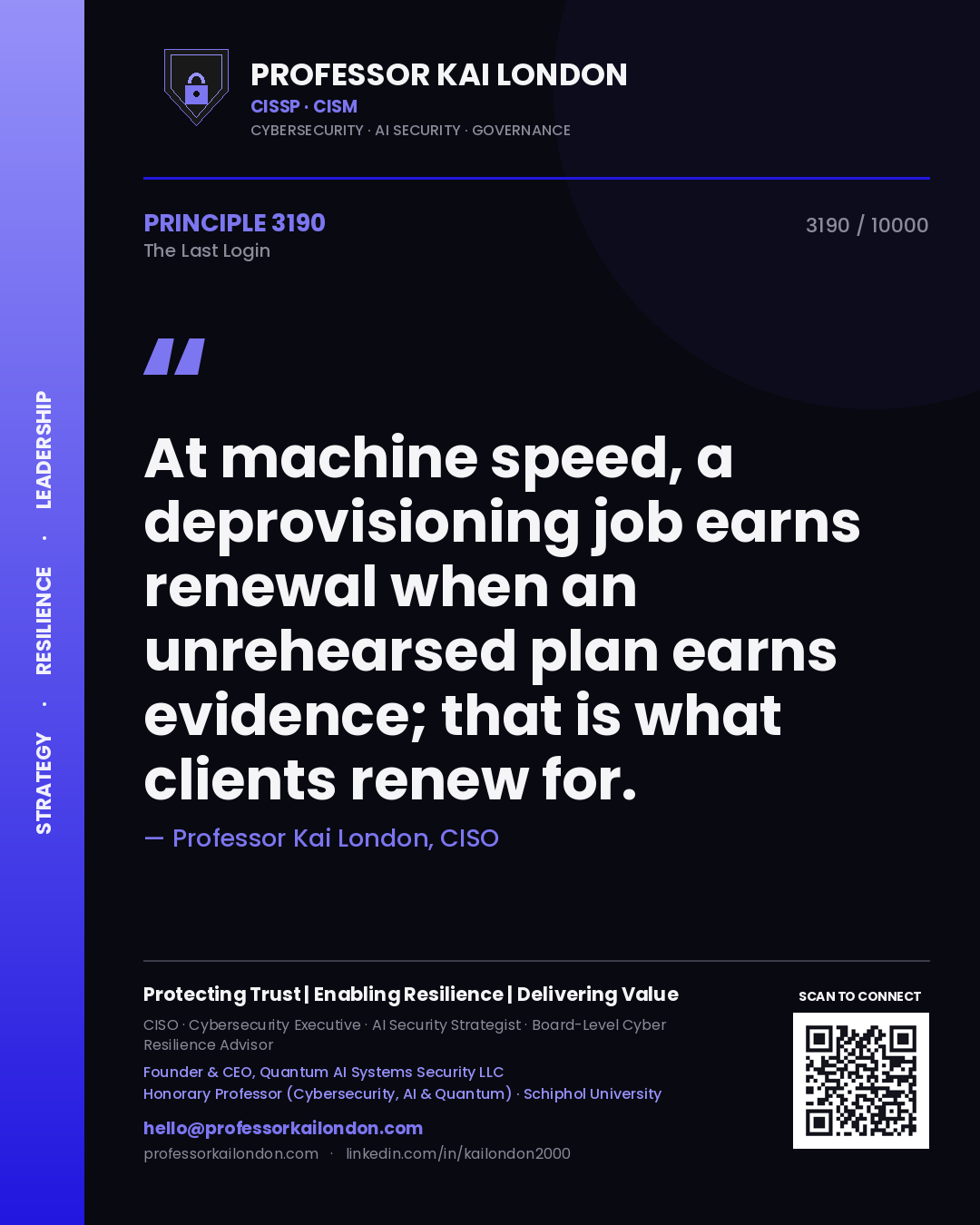 Quote card by Professor Kai London reading 'At machine speed, a deprovisioning job earns renewal when an unrehearsed plan earns evidence; that is what clients renew for.'. From the book The Last Login.