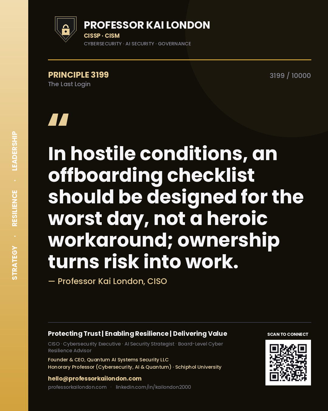 Quote card by Professor Kai London reading 'In hostile conditions, an offboarding checklist should be designed for the worst day, not a heroic workaround; ownership turns risk into work.'. From the book The Last Login.