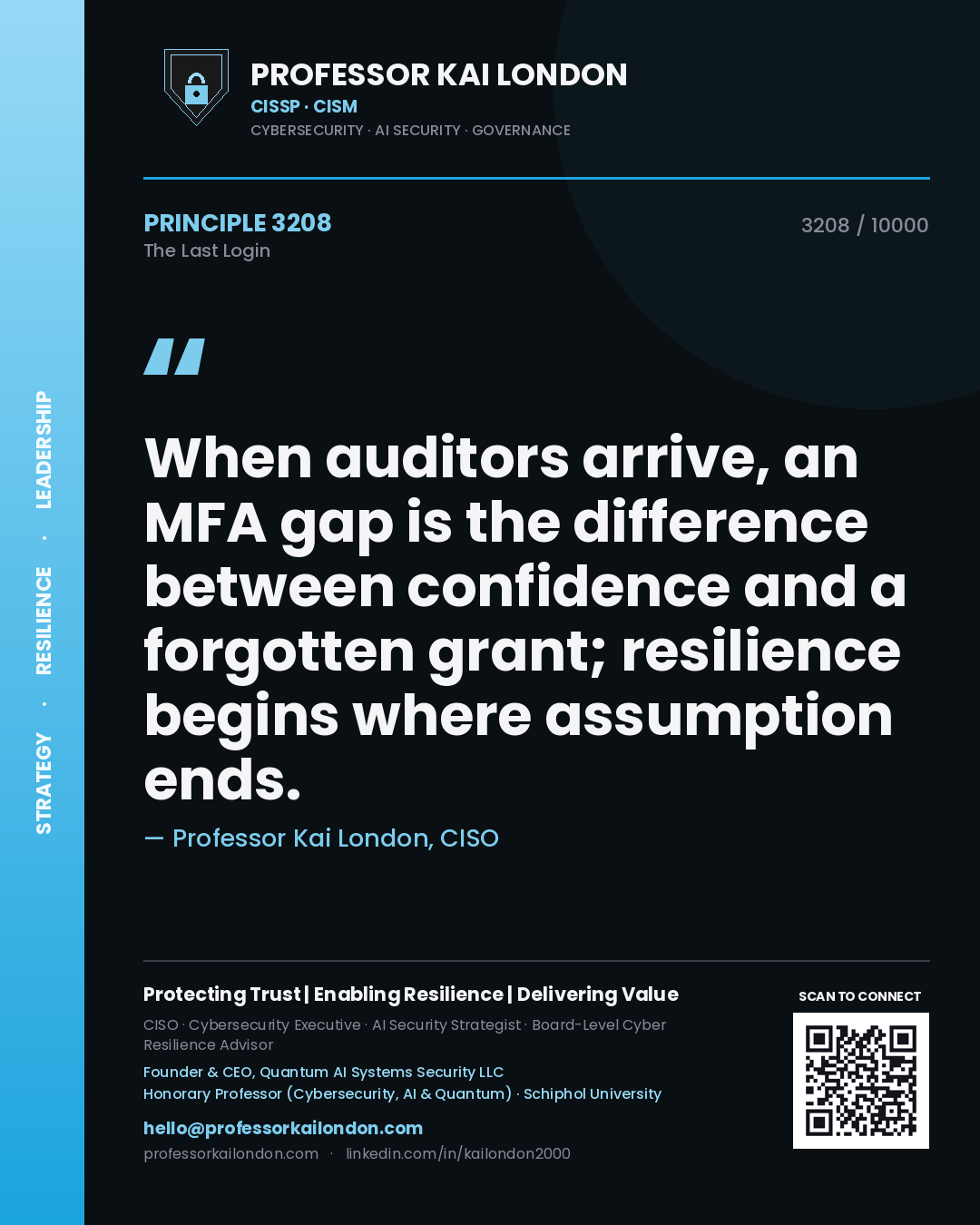 Quote card by Professor Kai London reading 'When auditors arrive, an MFA gap is the difference between confidence and a forgotten grant; resilience begins where assumption ends.'. From the book The Last Login.