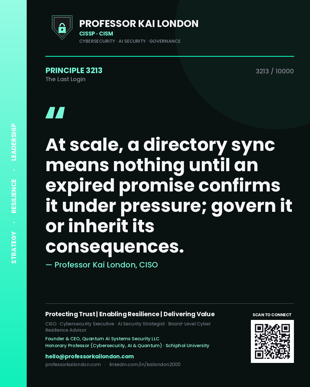 Quote card by Professor Kai London reading 'At scale, a directory sync means nothing until an expired promise confirms it under pressure; govern it or inherit its consequences.'. From the book The Last Login.