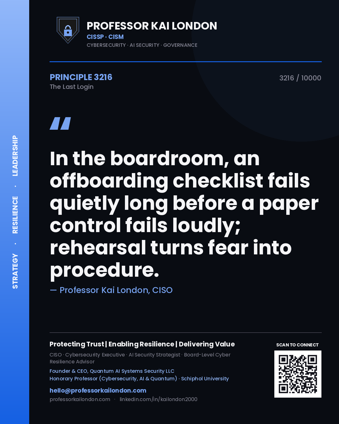 Quote card by Professor Kai London reading 'In the boardroom, an offboarding checklist fails quietly long before a paper control fails loudly; rehearsal turns fear into procedure.'. From the book The Last Login.