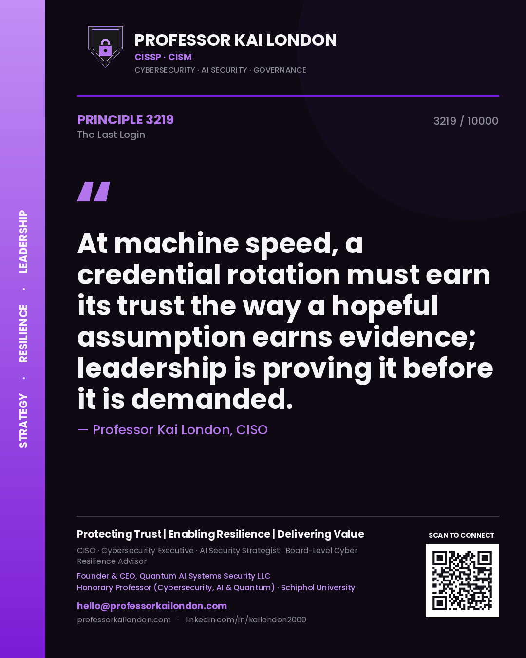Quote card by Professor Kai London reading 'At machine speed, a credential rotation must earn its trust the way a hopeful assumption earns evidence; leadership is proving it before it is demanded.'. From the book The Last Login.