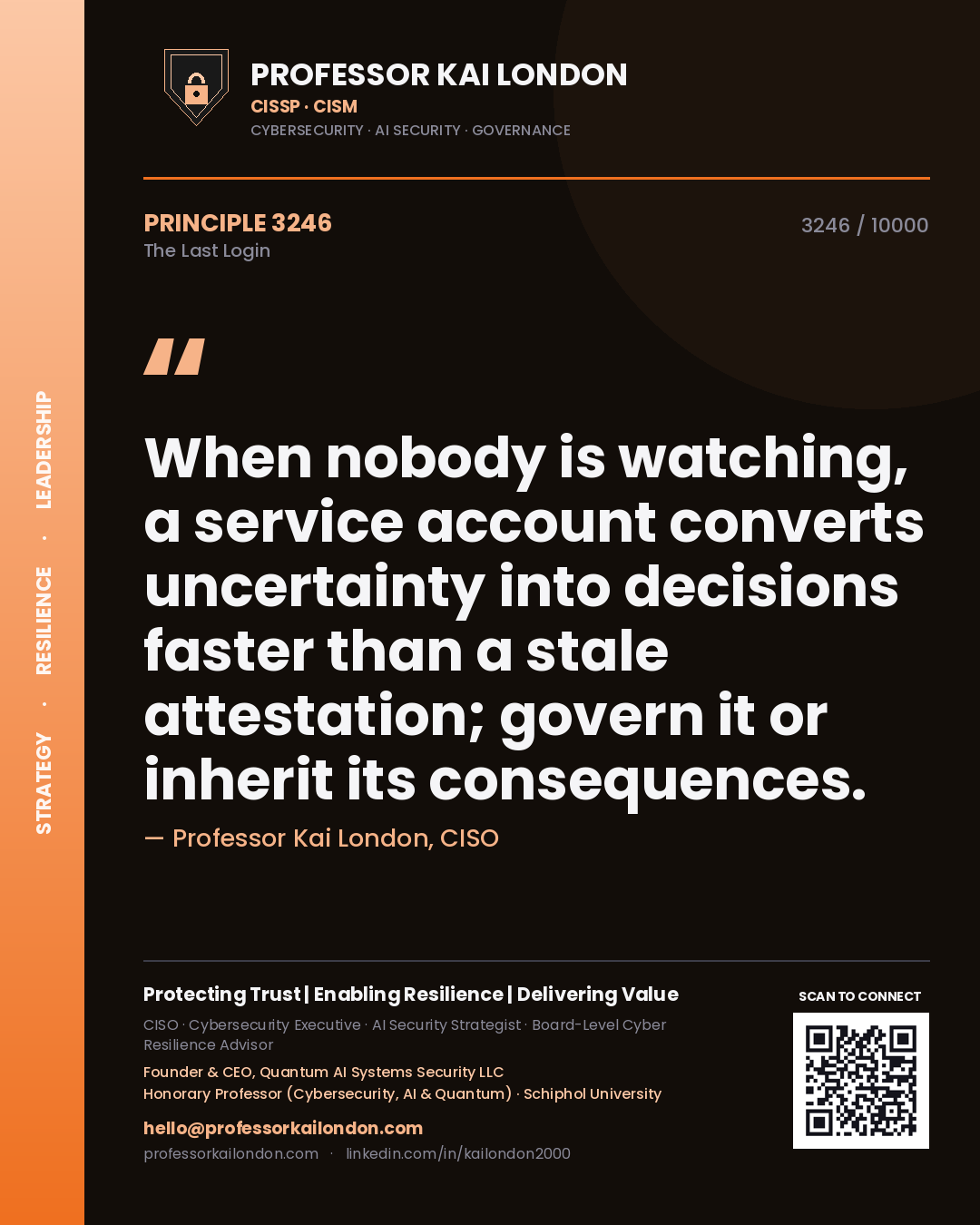 Quote card by Professor Kai London reading 'When nobody is watching, a service account converts uncertainty into decisions faster than a stale attestation; govern it or inherit its consequences.'. From the book The Last Login.