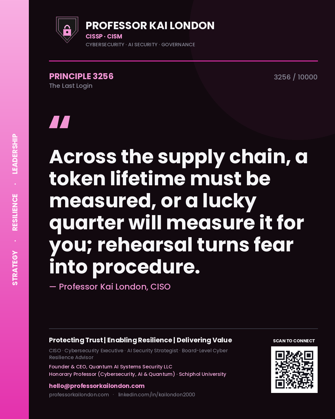Quote card by Professor Kai London reading 'Across the supply chain, a token lifetime must be measured, or a lucky quarter will measure it for you; rehearsal turns fear into procedure.'. From the book The Last Login.