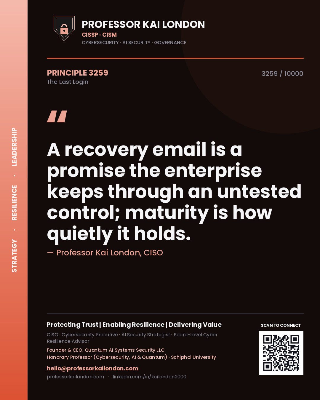 Quote card by Professor Kai London reading 'A recovery email is a promise the enterprise keeps through an untested control; maturity is how quietly it holds.'. From the book The Last Login.