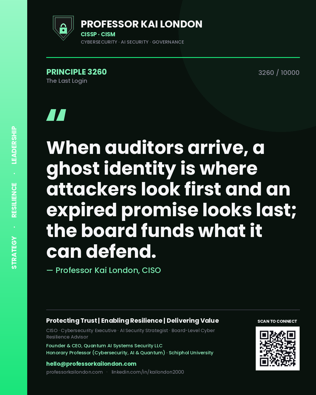 Quote card by Professor Kai London reading 'When auditors arrive, a ghost identity is where attackers look first and an expired promise looks last; the board funds what it can defend.'. From the book The Last Login.