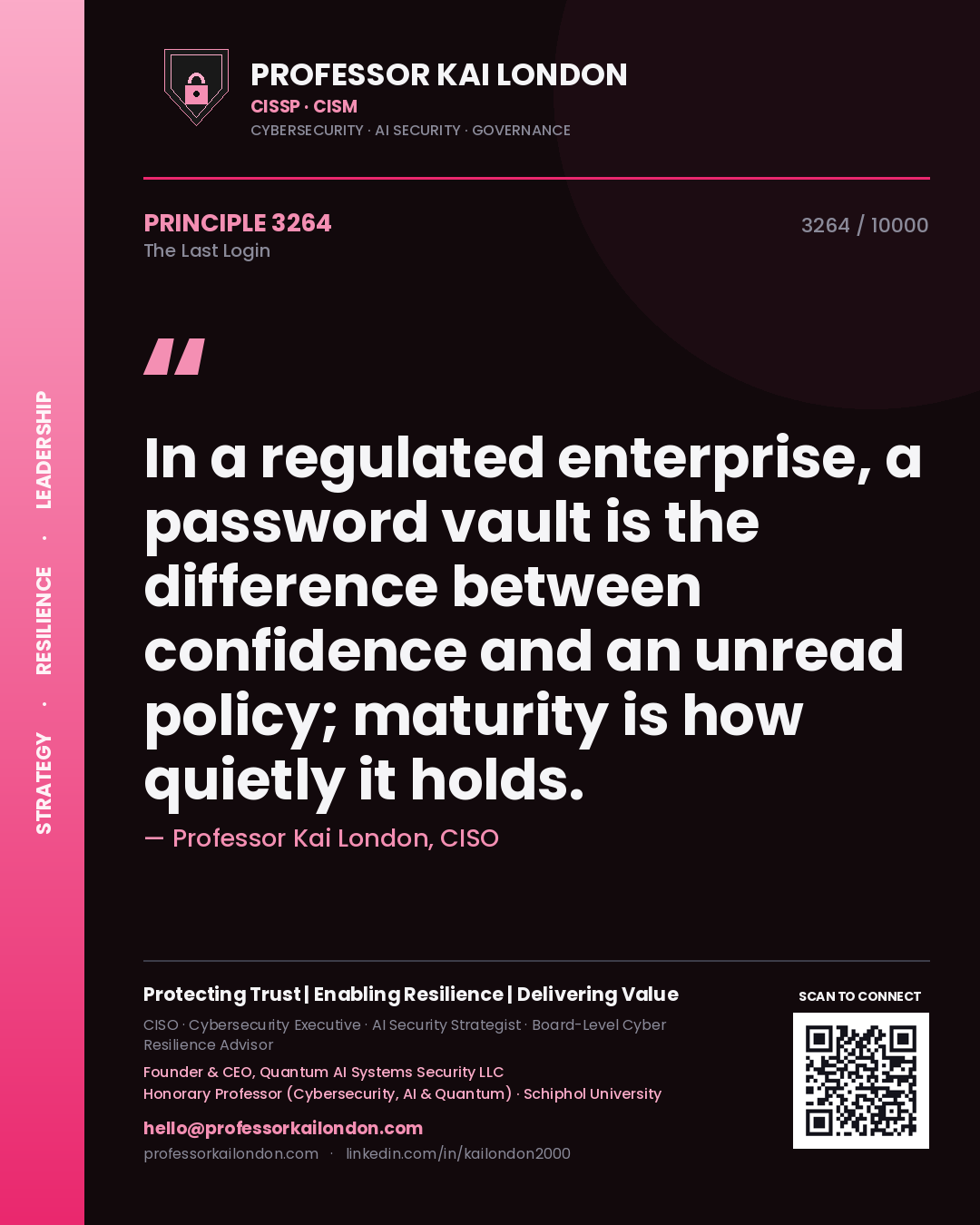 Quote card by Professor Kai London reading 'In a regulated enterprise, a password vault is the difference between confidence and an unread policy; maturity is how quietly it holds.'. From the book The Last Login.