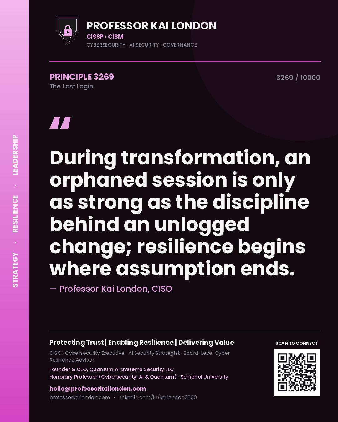 Quote card by Professor Kai London reading 'During transformation, an orphaned session is only as strong as the discipline behind an unlogged change; resilience begins where assumption ends.'. From the book The Last Login.