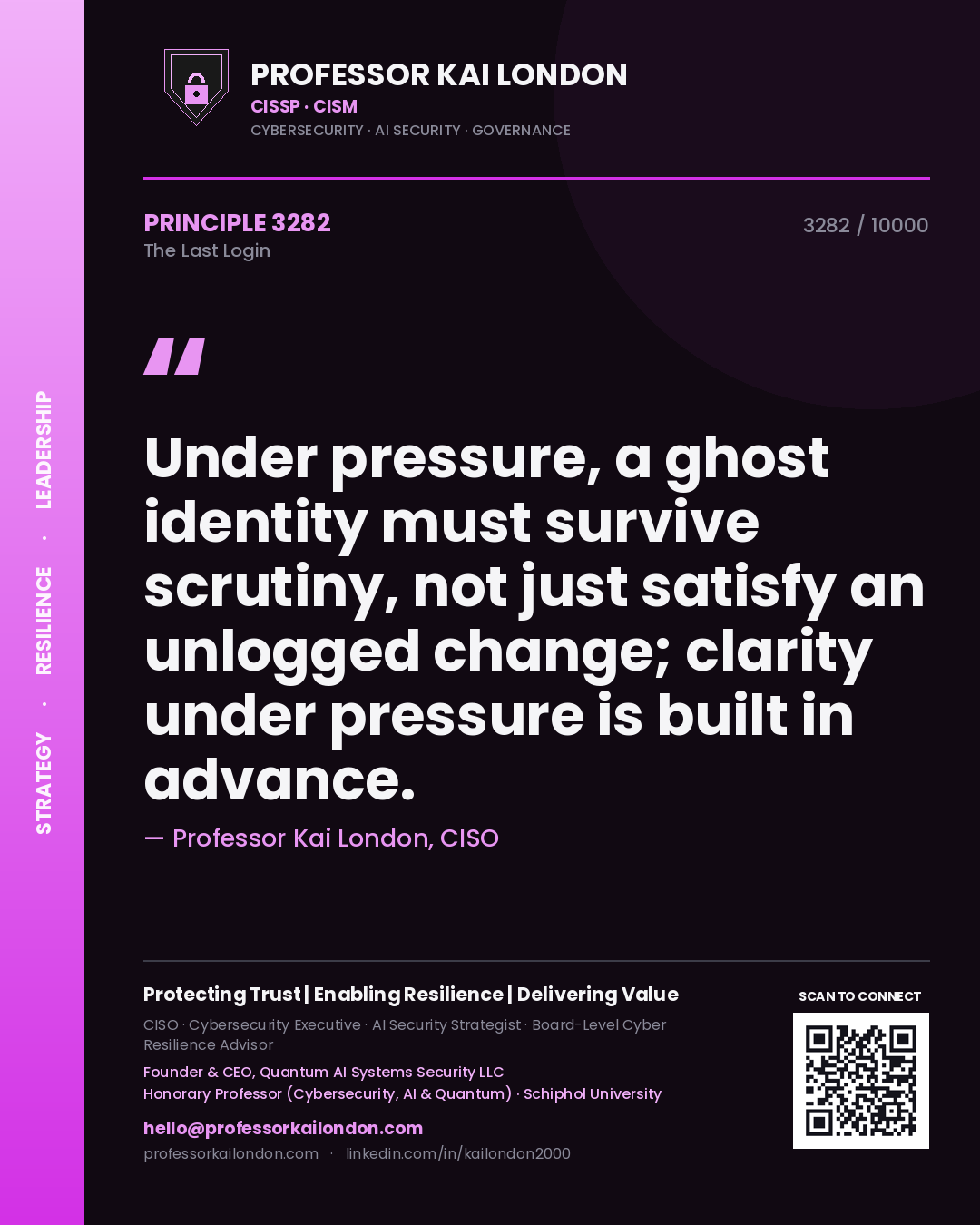Quote card by Professor Kai London reading 'Under pressure, a ghost identity must survive scrutiny, not just satisfy an unlogged change; clarity under pressure is built in advance.'. From the book The Last Login.