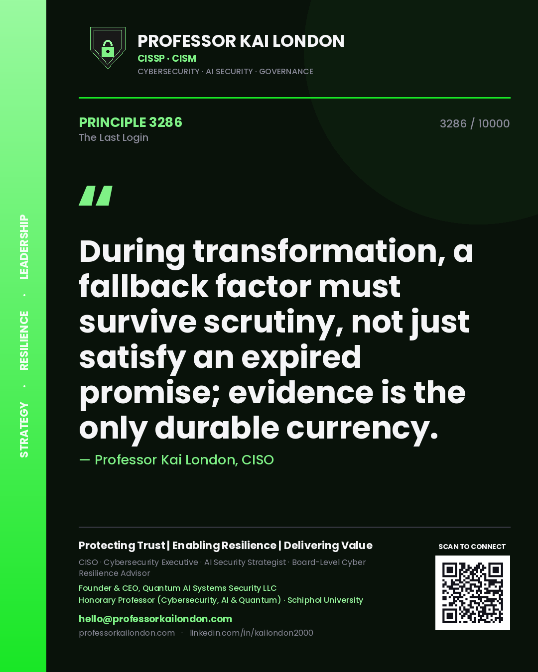 Quote card by Professor Kai London reading 'During transformation, a fallback factor must survive scrutiny, not just satisfy an expired promise; evidence is the only durable currency.'. From the book The Last Login.