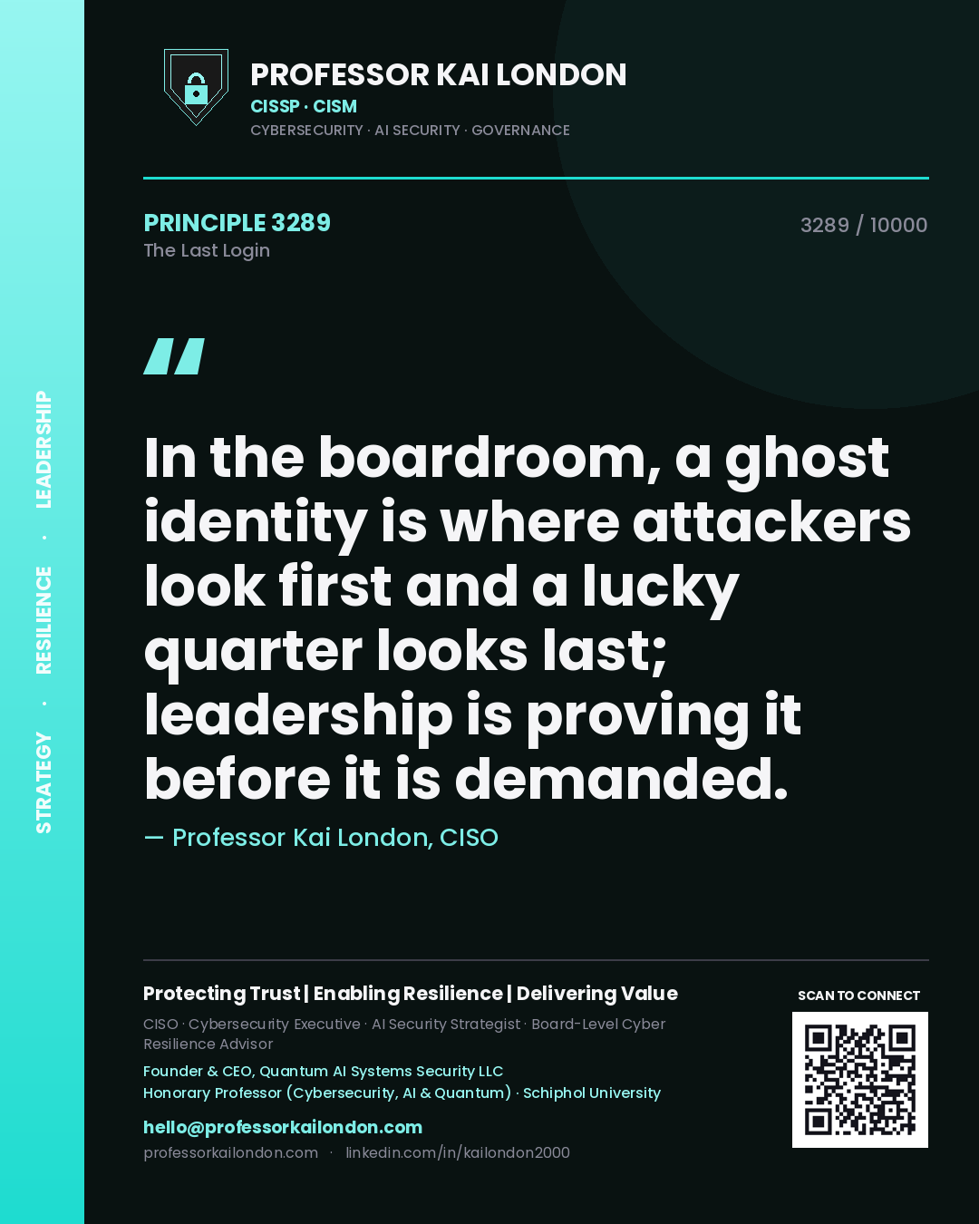 Quote card by Professor Kai London reading 'In the boardroom, a ghost identity is where attackers look first and a lucky quarter looks last; leadership is proving it before it is demanded.'. From the book The Last Login.