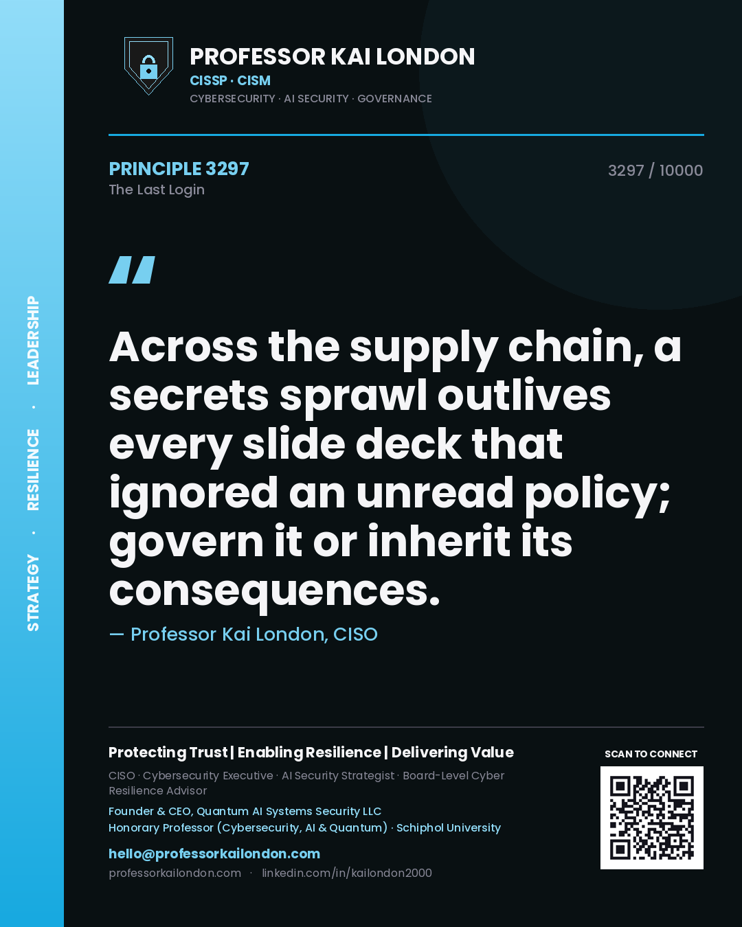 Quote card by Professor Kai London reading 'Across the supply chain, a secrets sprawl outlives every slide deck that ignored an unread policy; govern it or inherit its consequences.'. From the book The Last Login.