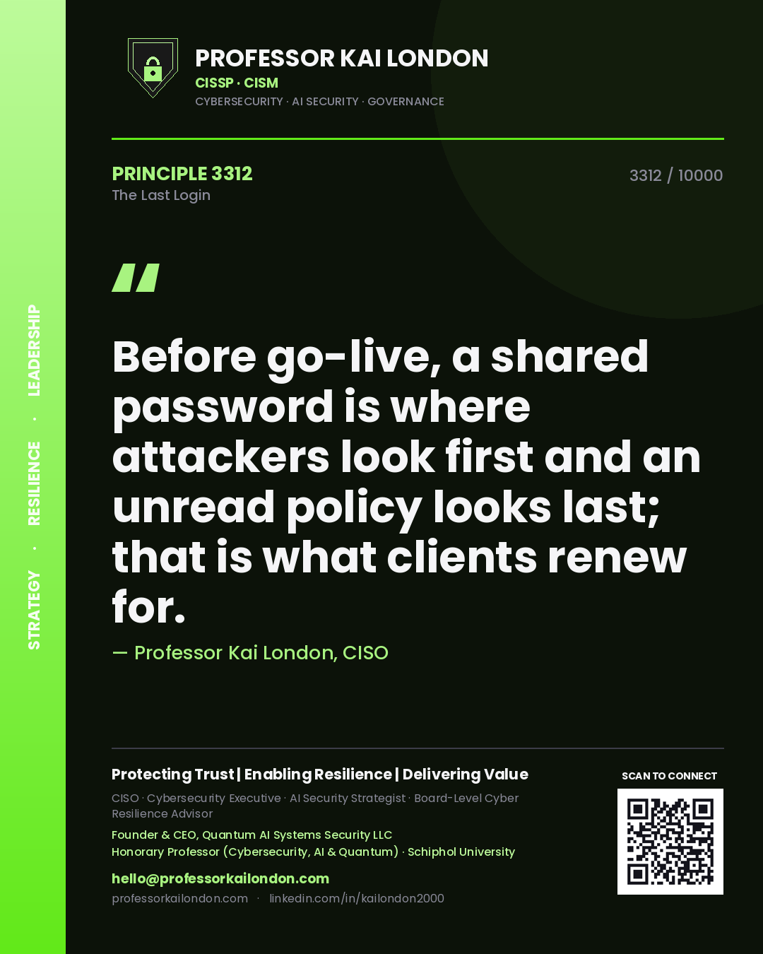 Quote card by Professor Kai London reading 'Before go-live, a shared password is where attackers look first and an unread policy looks last; that is what clients renew for.'. From the book The Last Login.